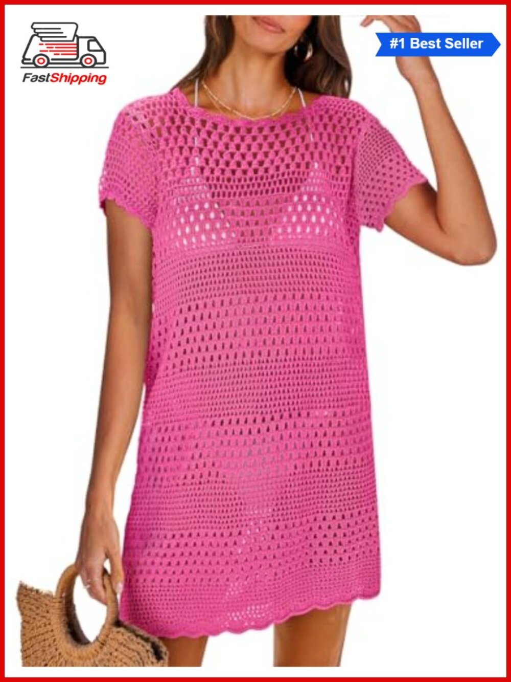 ✨ANRABESS Women's 100% Acrylic Swimsuit Cover Up Short Sleeve Crochet